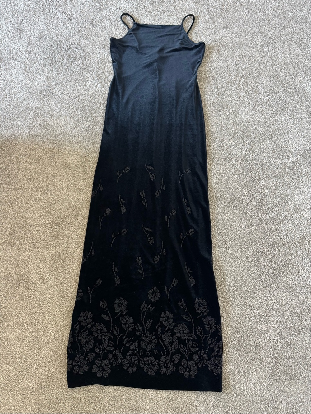 All that Jazz Black Velvet Maxi Dress with Flared Floral Beaded Hem